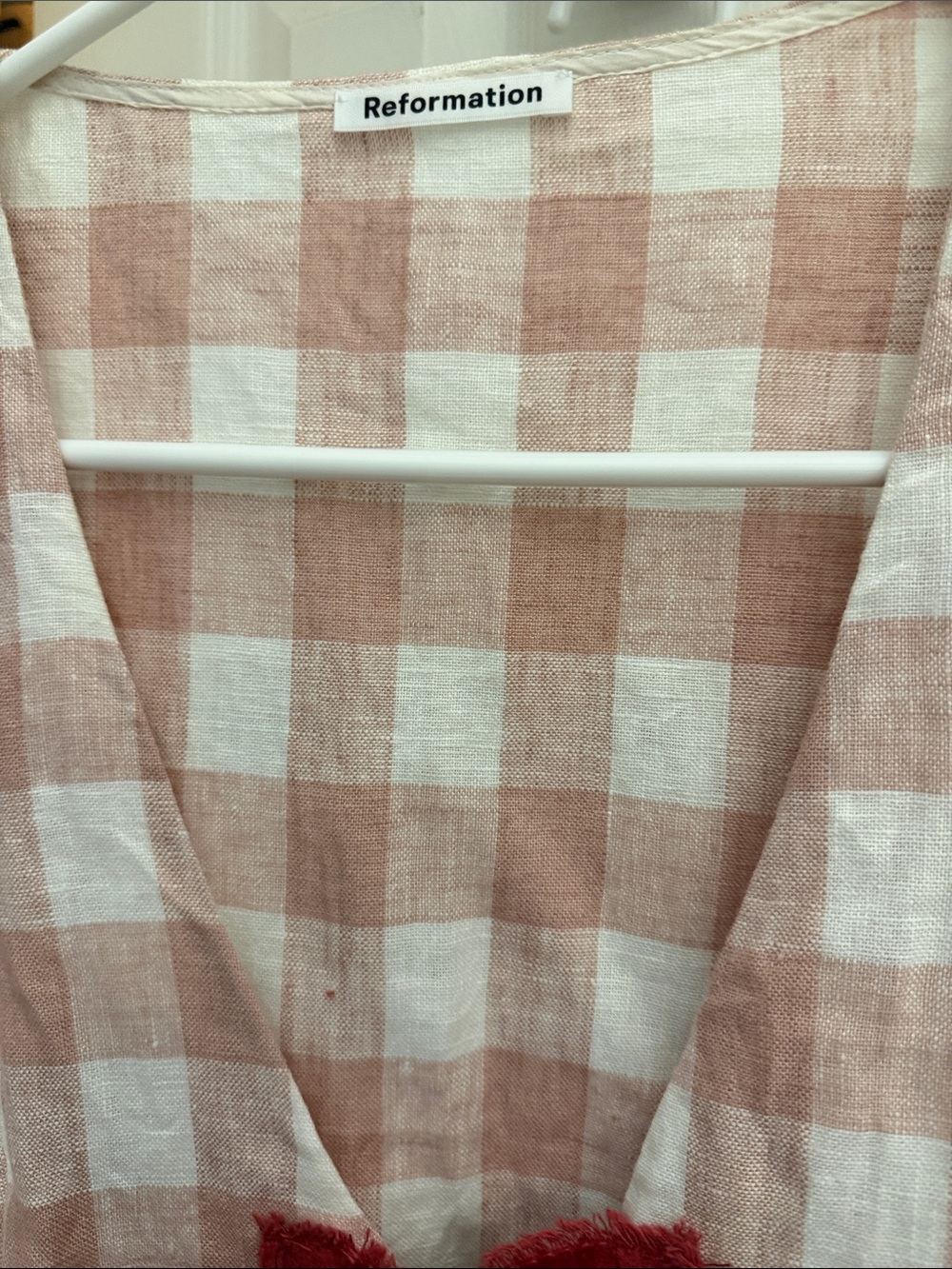 Reformation Pink and White Gingham Puff Sleeve top Red velvet Ribbon Front Ties - Picture 4 of 6